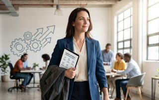Donna professionista che esce da un ufficio moderno portando con sé le proprie cose; ha un'espressione serena e fiduciosa mentre guarda lontano verso il futuro.
