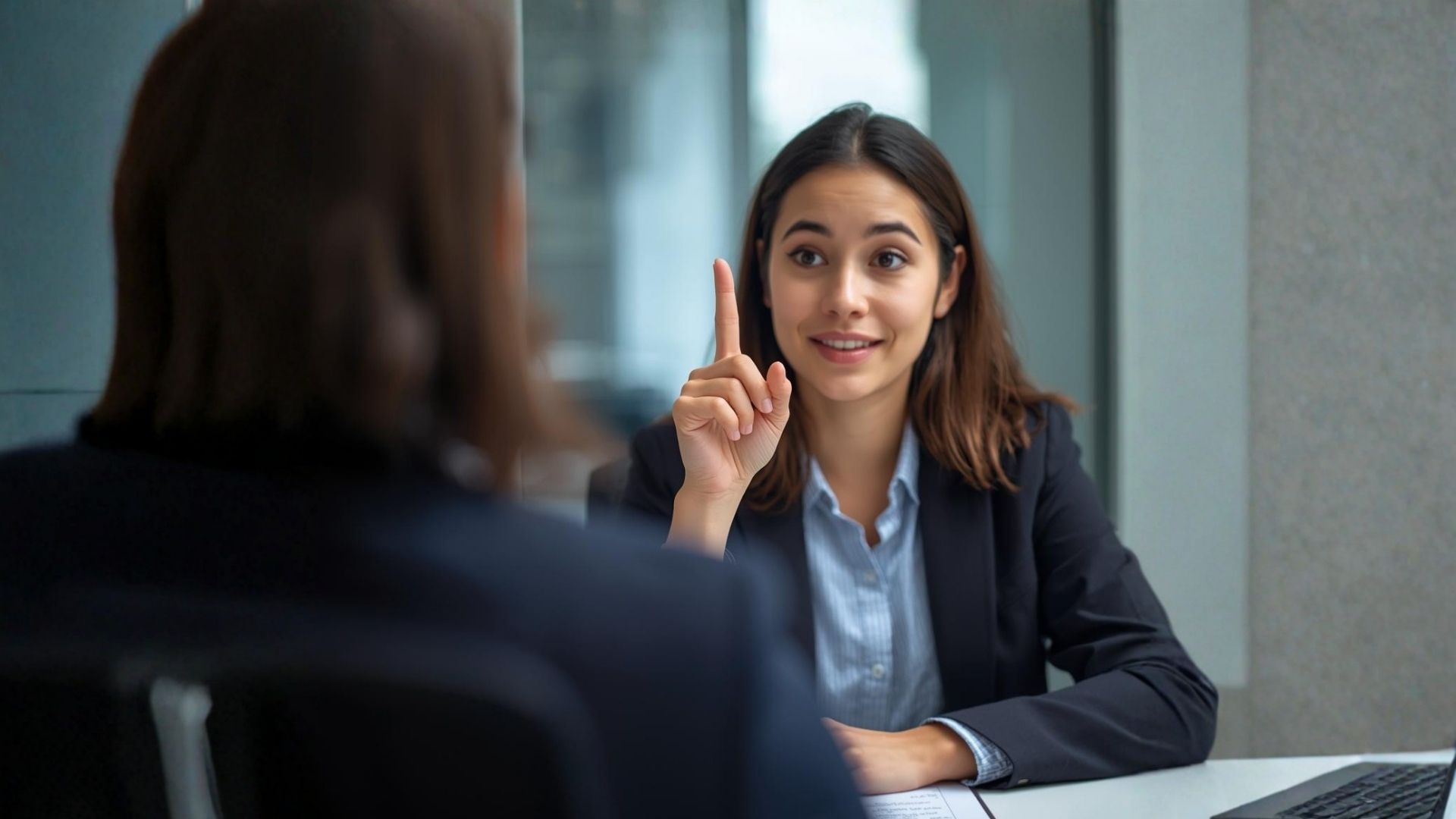 Giovane ragazza durante un colloquio di lavoro che solleva con garbo l'indice per chiedere di porre una domanda alla selezionatrice di fronte a lei.
