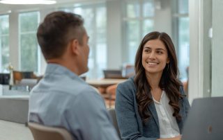 Due colleghi: una persona ascolta con empatia e attenzione genuina l'altra parla.