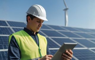 Un giovane tecnico con caschetto protettivo e giubbotto catarifrangente utilizza un tablet davanti a pannelli fotovoltaici e pale eoliche sullo sfondo.