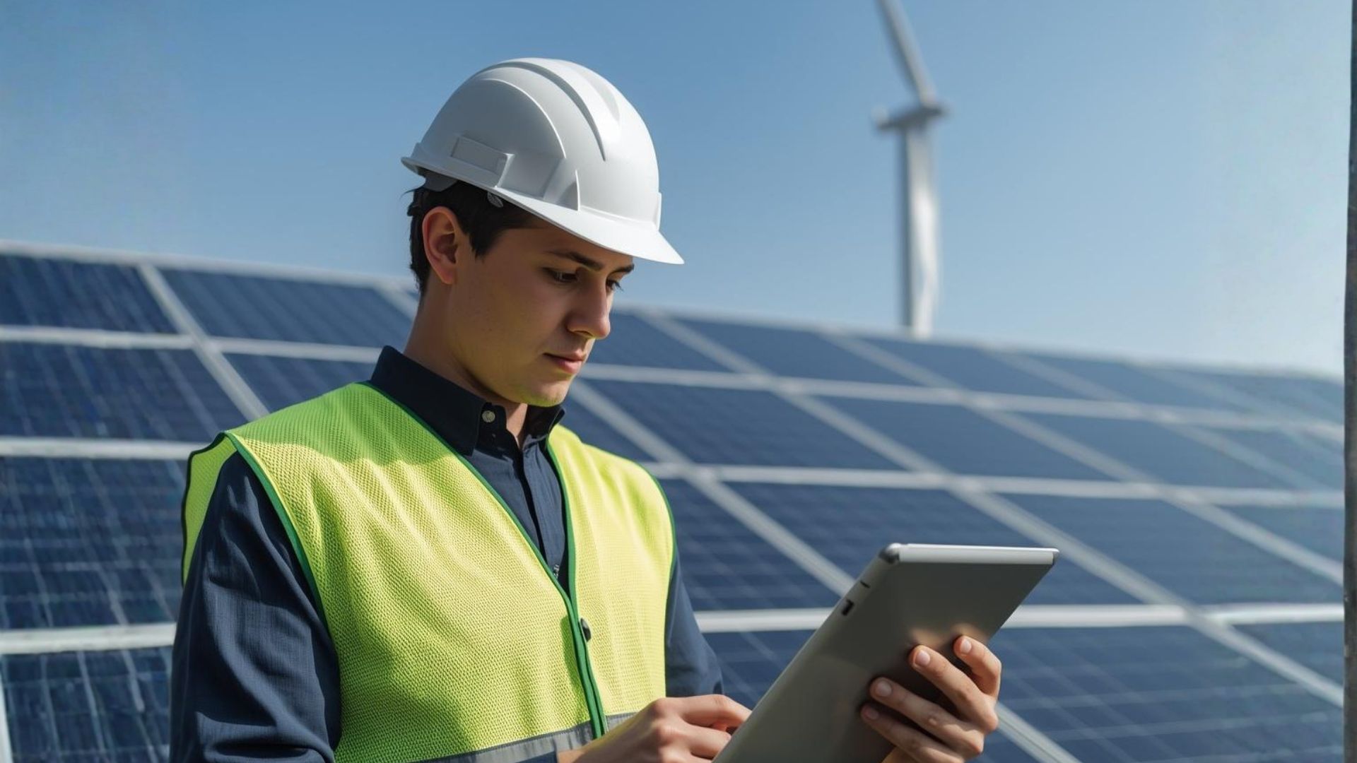 Un giovane tecnico con caschetto protettivo e giubbotto catarifrangente utilizza un tablet davanti a pannelli fotovoltaici e pale eoliche sullo sfondo.