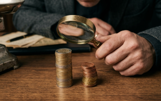 Primo piano di un uomo in abito scuro che tiene una lente d'ingrandimento sopra due pile di monete di Euro.