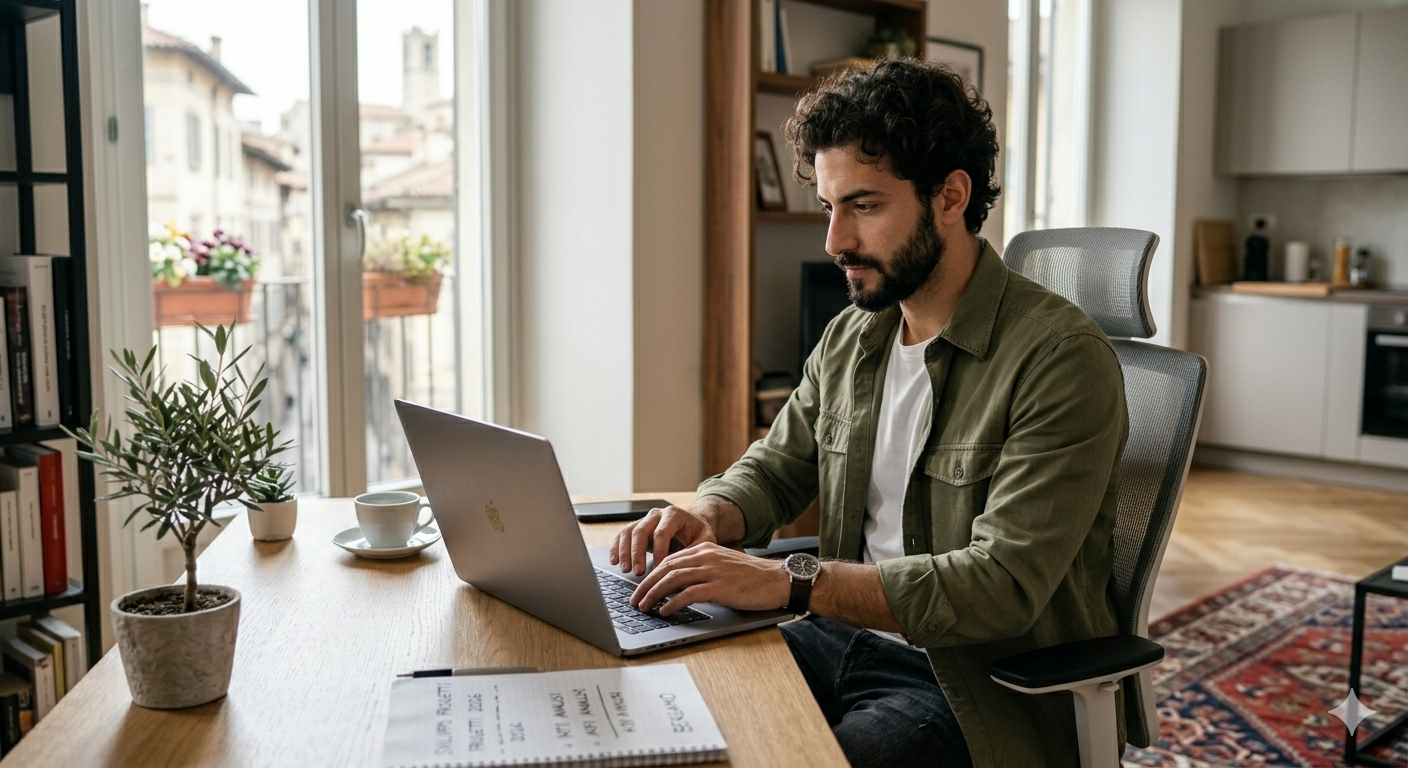 Giovane uomo mentre lavora in smart-working da casa