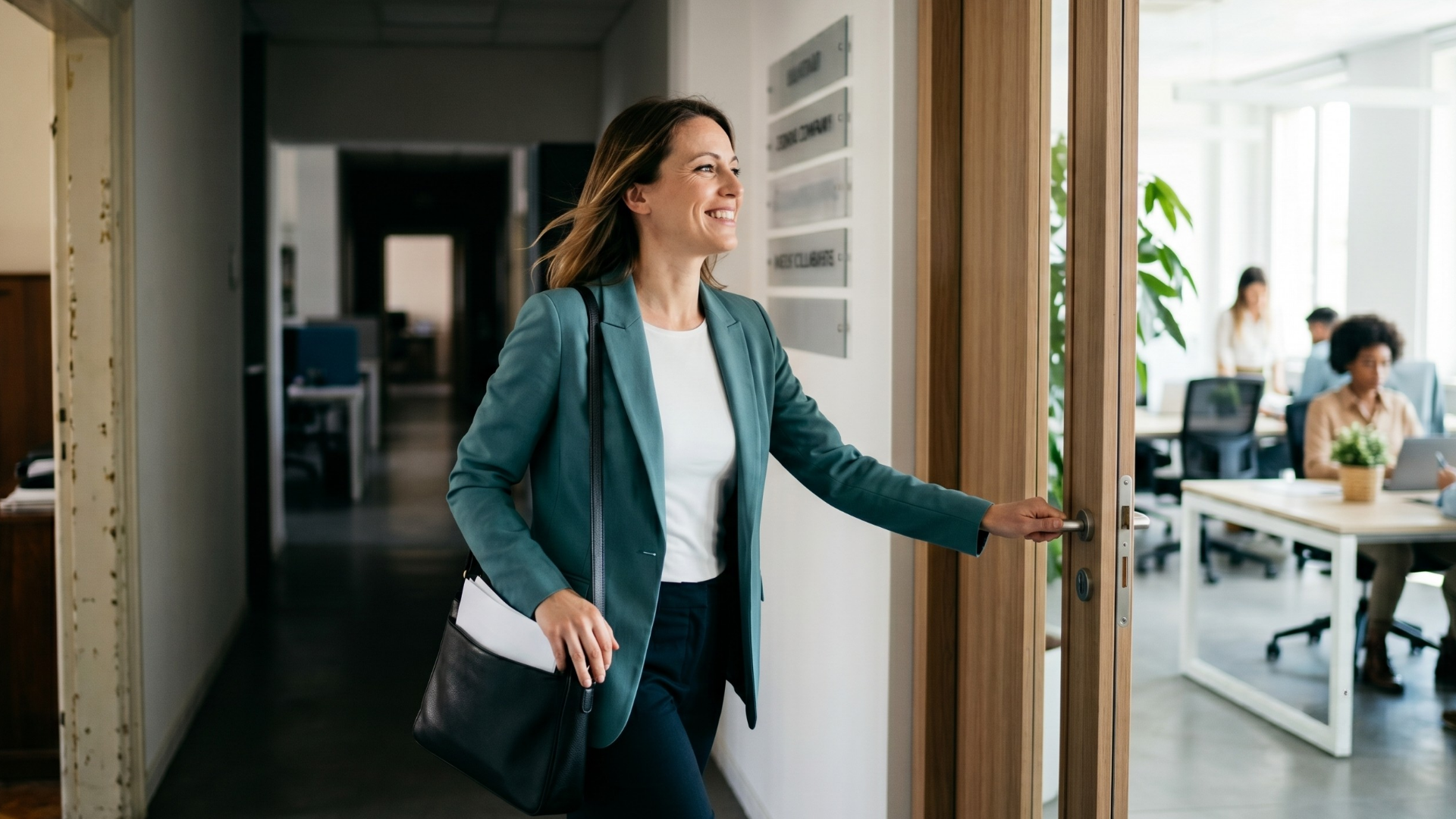 Donna che entra in un nuovo ufficio a rappresentare il concetto di agilità professionale