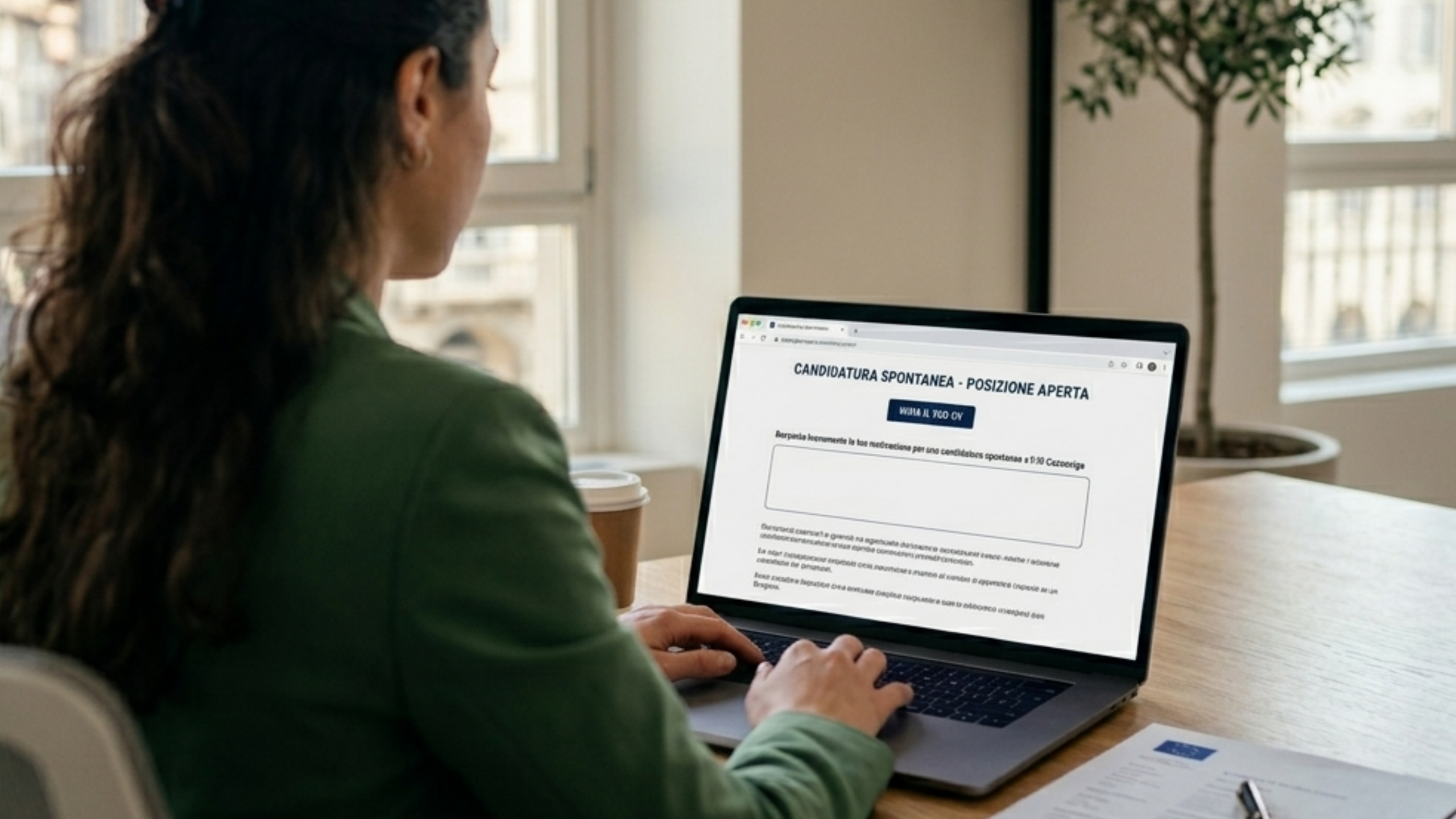 Ragazza di spalle che digitala al computer in un portale per candidature spontanee